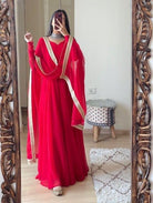Red Georgette Anarkali Long Kurti with Dupatta Set of 2 - BONYHUBSALWAR KAMEEZ