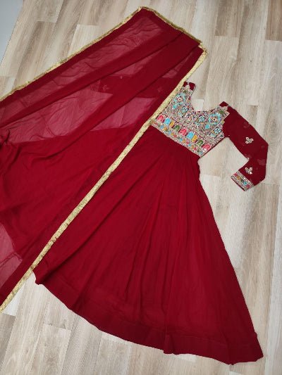 Red Georgette Embroidered Gown Dupatta Set Of 2 - BONYHUBSALWAR KAMEEZ
