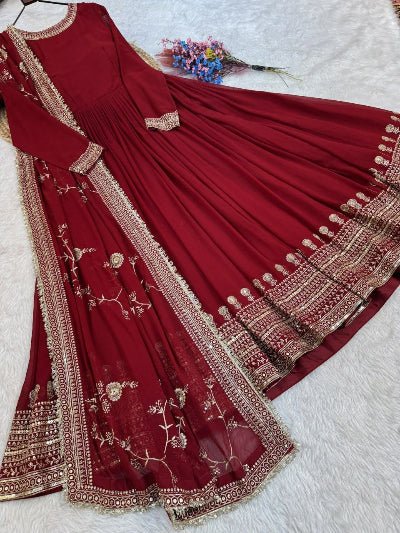 Red Georgette Embroidered Gown Dupatta Set Of 2 - BONYHUBSALWAR KAMEEZ