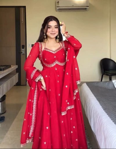 Red Georgette Ethnic Embroidered Anarkali Suit Set - BONYHUBSALWAR KAMEEZ