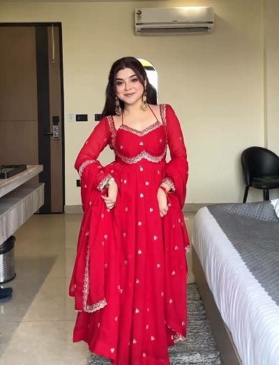 Red Georgette Ethnic Embroidered Anarkali Suit Set - BONYHUBSALWAR KAMEEZ