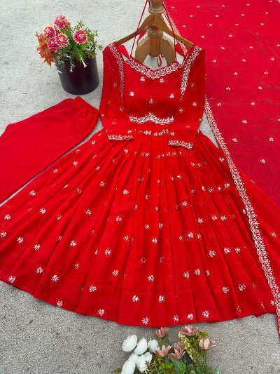 Red Georgette Ethnic Embroidered Anarkali Suit Set - BONYHUBSALWAR KAMEEZ