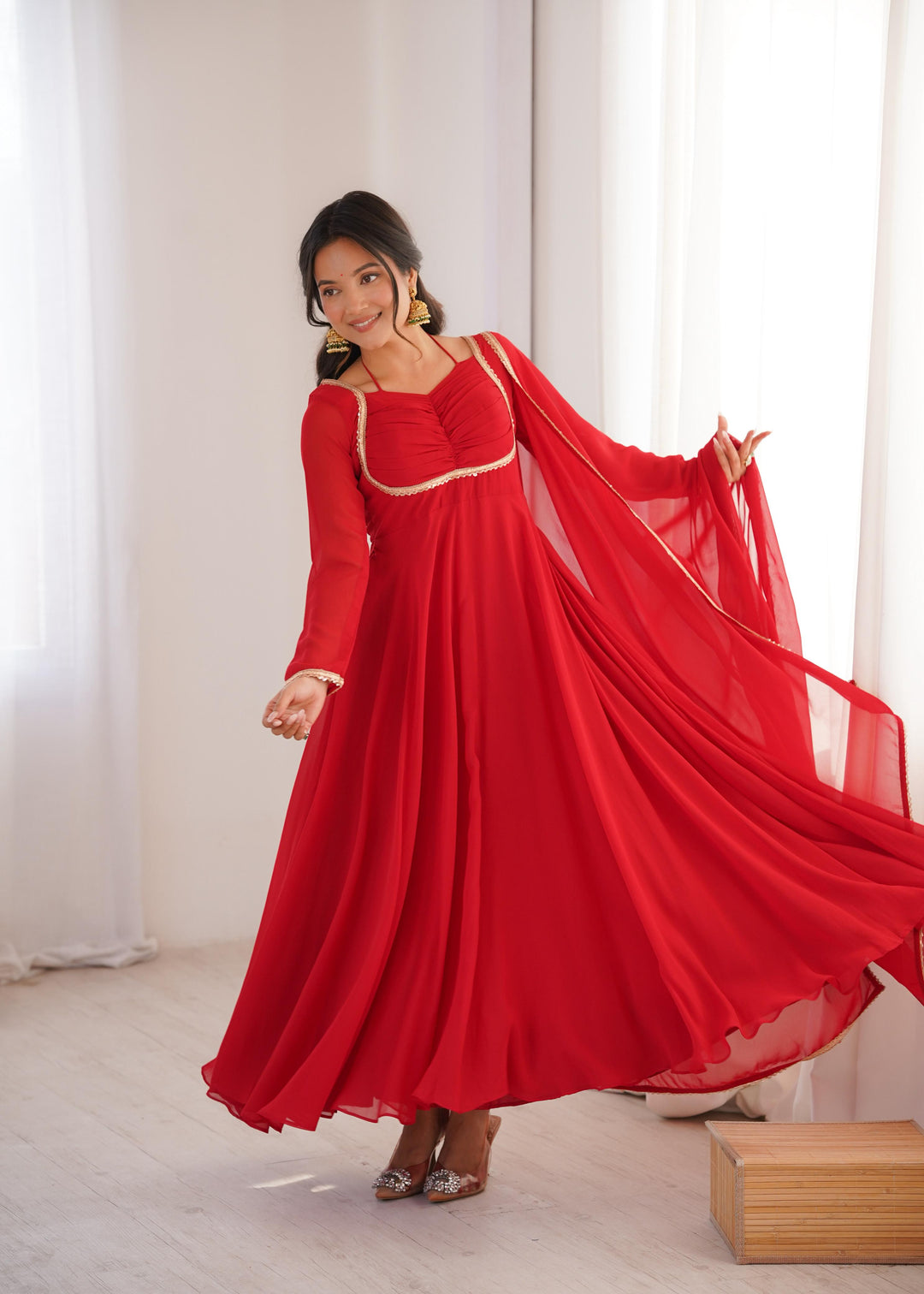 Red Georgette Flair Anarkali Gown Dupatta Set Of 2 - BONYHUBSALWAR KAMEEZ