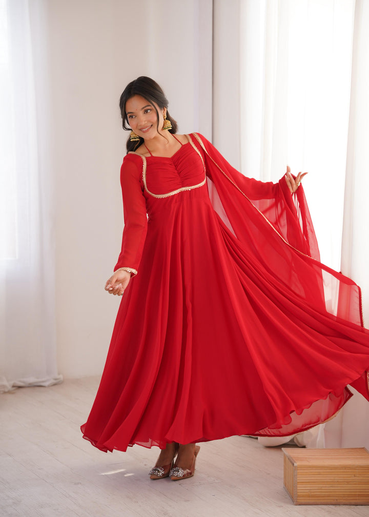 Red Georgette Flair Anarkali Gown Dupatta Set Of 2 - BONYHUBSALWAR KAMEEZ