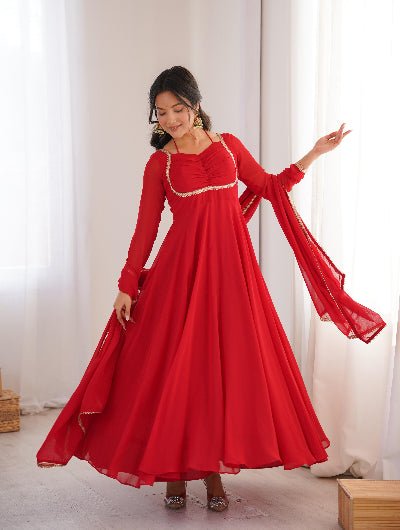 Red Georgette Flair Anarkali Gown Dupatta Set Of 2 - BONYHUBSALWAR KAMEEZ