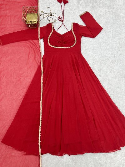 Red Georgette Flair Anarkali Gown Dupatta Set Of 2 - BONYHUBSALWAR KAMEEZ
