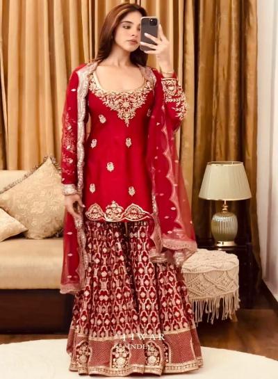 Red Georgette Gharara Suit Uk Next Day - BONYHUBSALWAR KAMEEZ