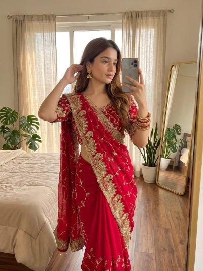 Red Georgette Gold Embroidered Ready to wear Saree with Stitched Blouse - BONYHUBSAREE