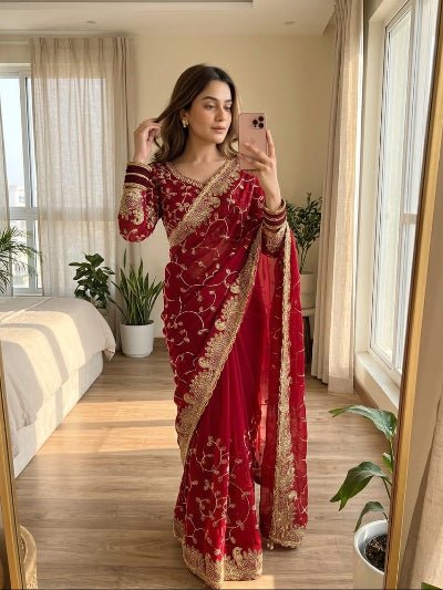 Red Georgette Gold Embroidered Ready to wear Saree with Stitched Blouse - BONYHUBSAREE
