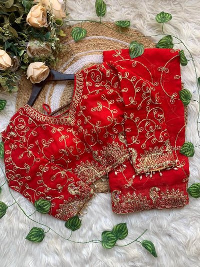 Red Georgette Gold Embroidered Ready to wear Saree with Stitched Blouse - BONYHUBSAREE