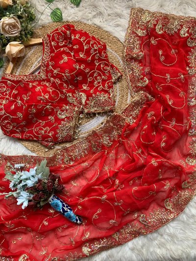 Red Georgette Gold Embroidered Ready to wear Saree with Stitched Blouse - BONYHUBSAREE