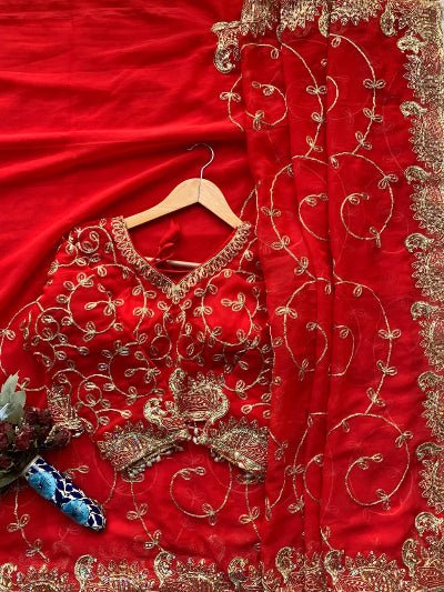 Red Georgette Gold Embroidered Ready to wear Saree with Stitched Blouse - BONYHUBSAREE