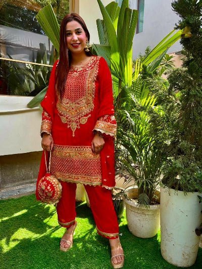 Red Georgette Gold Embroidered Salwar Suit Set - BONYHUBSALWAR KAMEEZ