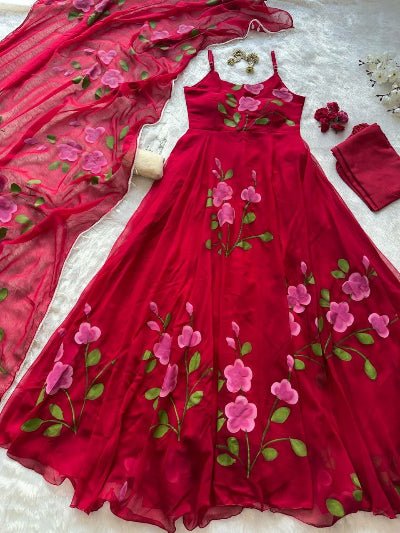 Red Georgette Handpainted Floral Sleeveless Anarkali Suit - BONYHUBSALWAR KAMEEZ