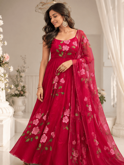Red Georgette Handpainted Floral Sleeveless Anarkali Suit - BONYHUBSALWAR KAMEEZ
