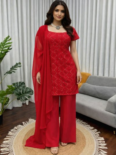 Red Georgette Partywear Sequins Work Palazzo Suit - BONYHUBSALWAR KAMEEZ