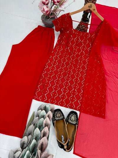 Red Georgette Partywear Sequins Work Palazzo Suit - BONYHUBSALWAR KAMEEZ