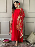 Red Georgette Plain Anarkali Suit With Embroidered Dupatta - BONYHUBSALWAR KAMEEZ