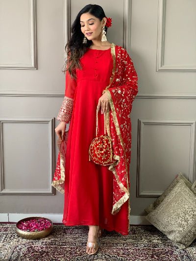 Red Georgette Plain Anarkali Suit With Embroidered Dupatta - BONYHUBSALWAR KAMEEZ