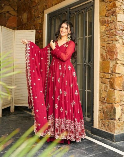 Red Georgette Sequins Embellished Anarkali Suit Set - BONYHUBSALWAR KAMEEZ