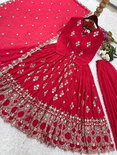 Red Georgette Sequins Embellished Anarkali Suit Set - BONYHUBSALWAR KAMEEZ