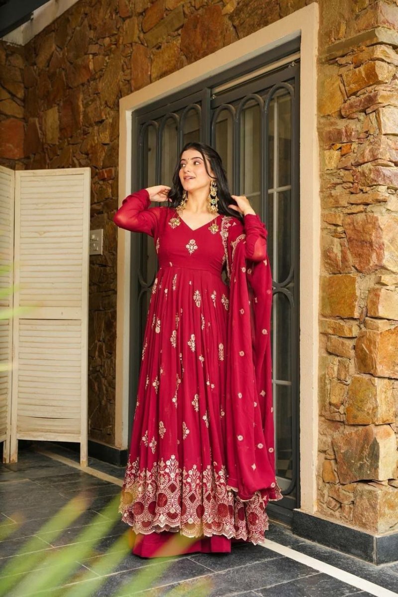 Red Georgette Sequins Embellished Anarkali Suit Set - BONYHUBSALWAR KAMEEZ