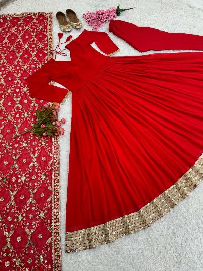 Red Gold Anarkali Festive Salwar Suit Dupatta UK Next Day - BONYHUBSALWAR KAMEEZ