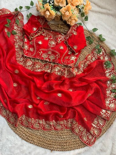 Red Gold Embroidered Ready to Wear Saree with Stitched Blouse - BONYHUBSAREE