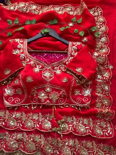 Red Gold Embroidered Ready to Wear Saree with Stitched Blouse - BONYHUBSAREE