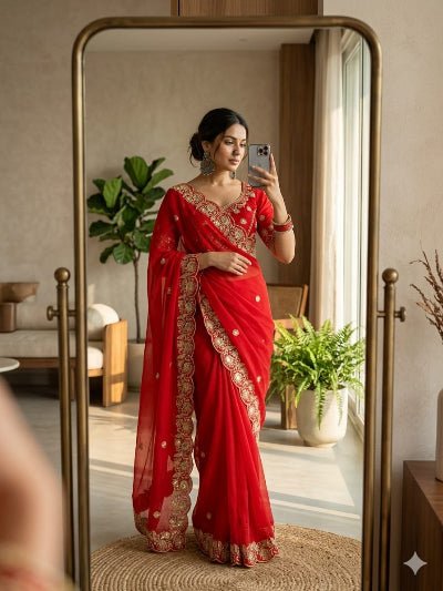 Red Gold Embroidered Ready to Wear Saree with Stitched Blouse - BONYHUBSAREE