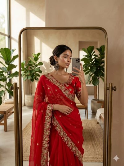 Red Gold Embroidered Ready to Wear Saree with Stitched Blouse - BONYHUBSAREE
