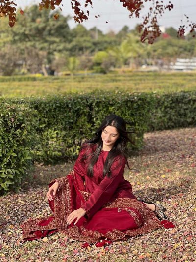 Red Gold Embroidery Moti Work Straight Suit - BONYHUBSALWAR KAMEEZ