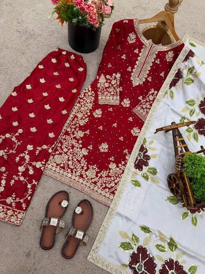 Red Gold Embroidery Silk Palazzo Suit - BONYHUBSALWAR KAMEEZ