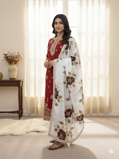 Red Gold Embroidery Silk Palazzo Suit - BONYHUBSALWAR KAMEEZ