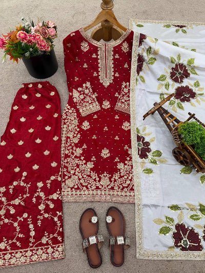 Red Gold Embroidery Silk Palazzo Suit - BONYHUBSALWAR KAMEEZ