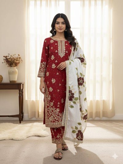 Red Gold Embroidery Silk Palazzo Suit - BONYHUBSALWAR KAMEEZ