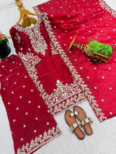 Red Gold Tissue Silk Embroidery Straight Suit Set - BONYHUBSALWAR KAMEEZ