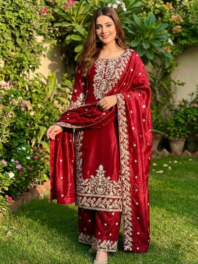Red Gold Tissue Silk Embroidery Straight Suit Set - BONYHUBSALWAR KAMEEZ