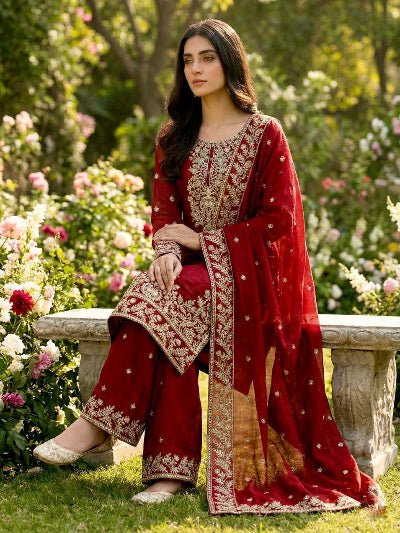Red Gold Tissue Silk Embroidery Straight Suit Set - BONYHUBSALWAR KAMEEZ