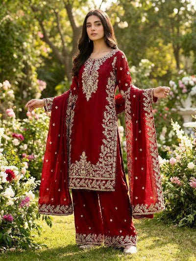 Red Gold Tissue Silk Embroidery Straight Suit Set - BONYHUBSALWAR KAMEEZ