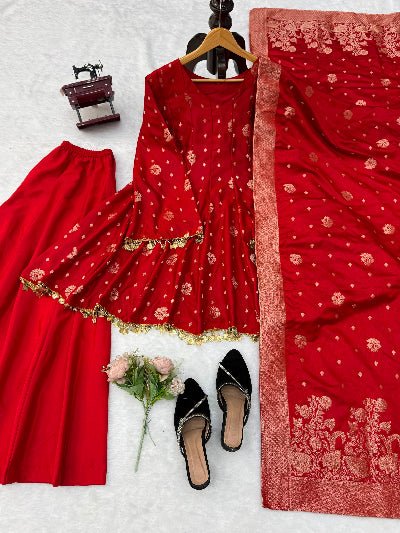 Red Gold Weaving Satin Silk Peplum Style Kurti with Sharara Palazzo &amp; Dupatta - BONYHUBSALWAR KAMEEZ