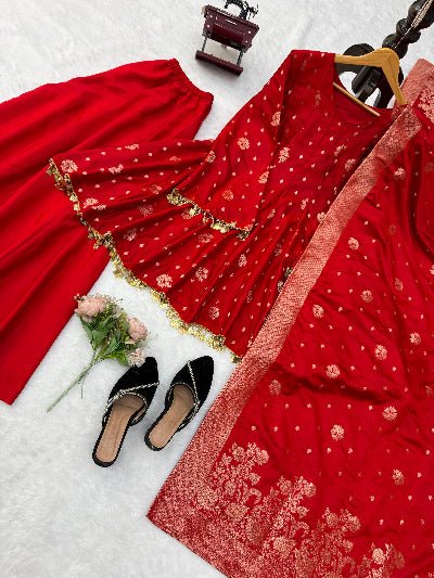 Red Gold Weaving Satin Silk Peplum Style Kurti with Sharara Palazzo &amp; Dupatta - BONYHUBSALWAR KAMEEZ