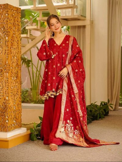 Red Gold Weaving Satin Silk Peplum Style Kurti with Sharara Palazzo &amp; Dupatta - BONYHUBSALWAR KAMEEZ