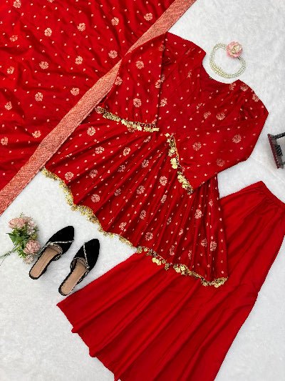 Red Gold Weaving Satin Silk Peplum Style Kurti with Sharara Palazzo &amp; Dupatta - BONYHUBSALWAR KAMEEZ