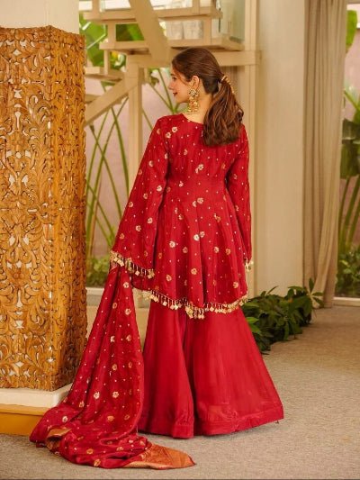 Red Gold Weaving Satin Silk Peplum Style Kurti with Sharara Palazzo &amp; Dupatta - BONYHUBSALWAR KAMEEZ