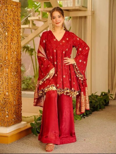 Red Gold Weaving Satin Silk Peplum Style Kurti with Sharara Palazzo & Dupatta - BONYHUBSALWAR KAMEEZ