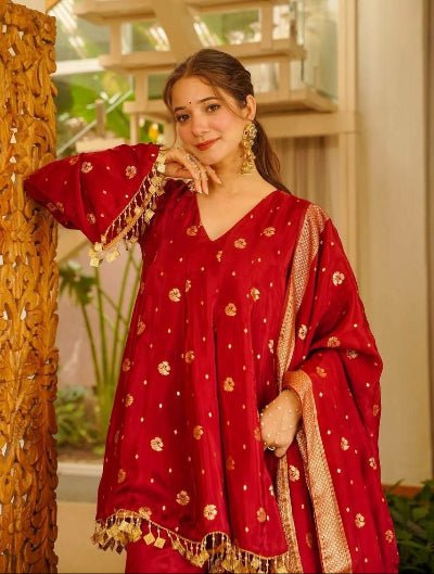 Red Gold Weaving Satin Silk Peplum Style Kurti with Sharara Palazzo &amp; Dupatta - BONYHUBSALWAR KAMEEZ