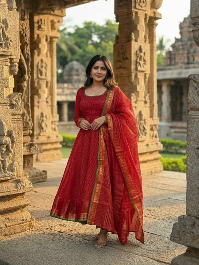 Red Kota Banarasi Full Sleeves Anarkali Dupatta 2pc - BONYHUBSALWAR KAMEEZ