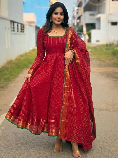 Red Kota Banarasi Full Sleeves Anarkali Dupatta 2pc - BONYHUBSALWAR KAMEEZ