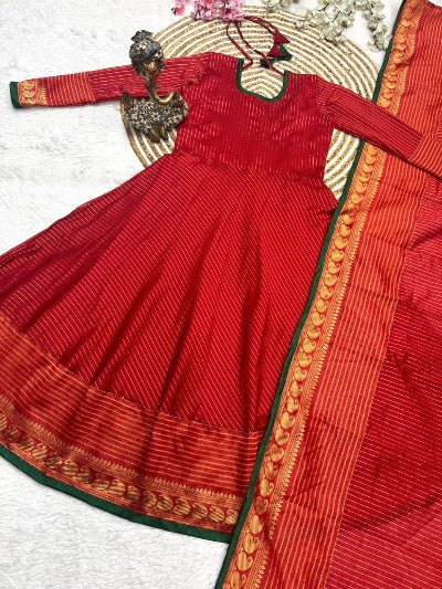 Red Kota Banarasi Full Sleeves Anarkali Dupatta 2pc - BONYHUBSALWAR KAMEEZ